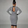 Casual Dresses Women Long Sleeves Dress Round Neck Houndstooth Printing Bodycon Midi Skirt Back Hollow-out Slim Fit