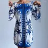 Casual Dresses Fashion Pattern Print High Midist Mini Dress 2024 Summer Long Sleeve Loose A-Line Office Elegant O-Neck Party