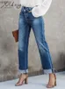 Jeans para mujer MiuKoMiYa Jeans para mujer Pantalones de mezclilla rotos de talle alto Vaqueros rectos azules delgados rasgados Pull Up Jeans sueltos casuales para mujer C24318