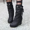 Boots Autumn And Winter The New fashion Round head Lace Laceup Internal increase High heel Women's Mid boots plus size 3443