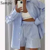 Fatos femininos sampic loung wear agasalho feminino shorts conjunto listra manga longa camisa cintura solta shorts altos conjuntos 24318