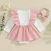 Vestidos de niña BeQeuewll, trajes de 2 piezas para niñas, colores contrastantes, vestido mameluco de manga larga de pana acanalada y lindo conjunto de diadema