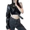 Mulheres Camisetas Couro Goth Crop Top para Mulheres Punk Único Manga Longa Pescoço Cabide Cinto Conectado Tops 80s Emo Alt Casaco Casaco