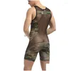 Body Shapers pour hommes Sous-vêtements respirants en maille pour hommes Camouflage Transparent Bodywear Costume de lutte Culotte siamoise Boutons Body Dr Dh7Yo