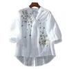 Blusas femininas retro bordado flores padrão camisa topos gola com decote em v botões meia carcela 3/4 manga solta