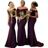 Mörk lila plus size brudtärna klänningar för svarta flickor saudi arabisk sjöjungfru stil satin bröllop gäst klänning piga av hedersklänningar