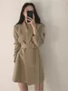 Women's Suits Women Suit Fashion Slim Fit Retro Belt Korean Edition Casual Elegant Long Sleeved Mid Length Versatile Coat