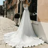 Tulle Wedding Dress Boho Simple Beach Scoop Appliques Lace See Through Back A-Line Butons Vestido De Noiva Bridal Gown YD