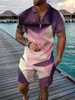 Verão moda masculina sweatsuit conjunto colorido remendos 3d impressão casual zíper camisa polo shorts 2pcs conjuntos de treino de grandes dimensões 240312