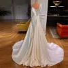 Sexy White Mermaid Wedding Dresses Illusion Pearls Beadings One Shoulder Satin Long Sleeve Plus Size Bridal Gowns Vestidos De Novia