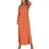 Casual Dresses Women Solid Color Dress Elegant V Neck Maxi With Pleated Sleeves Side Split Hem Soft Knitted Wear For Breathable