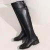 Laarzen vintage knie high laarzen dames zwart pu leer lage hakken rijboot vrouwelijke winterschoenen dames groot formaat 48 merk