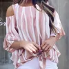 Blouses pour femmes à la mode été nœud papillon rayé chemisier chemise hauts Sexy volants demi manches en mousseline de soie haut pour un usage quotidien