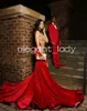 Red Sparkly Mermaid Evening Reception Dresses for Black Girl Diamond Crystal Velvet Slit Prom Birthday Gown vestidos largos