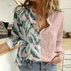 Blusas femininas Mulheres Casual Lapela Botão Manga Longa Camisas Flor e Folha Verde Impressa