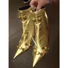 بوتاس دي كويرو HBP Mujer Western Cowboy Style Rivet Sudded Side Cheel High Heel Gold Silver Boots for Ladies