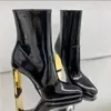 Pointed Toe Black Patent Leather Knee High Boots Zip Gold Heeled Sexy Women 2024 Winter Tall Boot Luxury Designer Shoes 240301