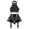 Kvinnors badkläder Kvinnor Tvådelar Patentläder underkläder Set Nightclub Outfit O Ring Halter Crop Top med inbyggda thongs ruffle miniskirt