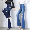 Women's Jeans Vaqueros acampanados bordados para mujer, pantalones vaqueros elásticos acampanados para niñas, pantalones azul claro, pantalones vaqueros informales de talla grande para mujer C24318