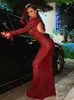 Casual Dresses Elegant Red Leopard Print Mesh Backless Sexy Evening Long Dress for Women 2024 LongSleeve Bandage Sheer Maxi