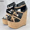 Sandals Sukeia Handmade Women Summer Platform Cork Wedges Heels Round Toe Elegant Black Party Shoes Ladies US Plus Size 5-15