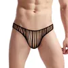 Underbyxor sexiga män underkläder randig transparent thong mesh ren bugel påse bikini trosor sissy elastik snabbt torra trosor
