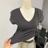 Magliette da donna all'ingrosso manica corta con scollo a V per le donne Slim Fit Top femminile 2024 estate top a pieghe laterali camicia di base solida