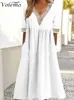 Vestidos de festa elegantes com decote em v manga curta uma linha de algodão azul vestido branco chique mulheres túnicas retrô casual vestidos de verão