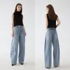 Jean taille haute confortable en coton naturel délavé, bleu, jambes larges, pleine longueur, pantalon en Denim version A pour femmes
