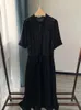 Robes de soirée Blanc Noir Deux Pièces Ensemble Robe Midi Femmes Dentelle Couture Fendue Manches Courtes Viscose À Lacets Femme Élégante Robe À Col Rond