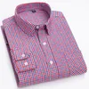 Camisas casuais masculinas algodão ajuste padrão manga longa camisa verificada único remendo bolso botão-para baixo colarinho confortável guingão