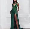 Sexy Hunter Green Vestito da sera da sera 2024 Scollo a V Paillettes Applicazioni in pizzo Limo Lungo Sirena Abiti da ballo formali Robe De Soiree