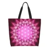 Shoppingväskor rolig tryckning blommor av liv tote portable canvas axel shoppare helig geometri mandala handväska