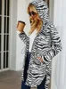 Kopa damski płaszcze lampard zebra z kapturem zamek błyskawiczny długi płaszcz 2024 Moda Deerskin Velvet Windbreaker Casual Chic Ubranie do pracy
