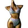 Stage Wear Discothèque Sexy Rouge Rose Strass Bikini Rave Outfit Femmes DJ Dancer Party Pole Dance Costume Show Crystal Bra Shorts Set