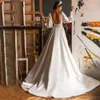 Modest Satin A Line Long Sleeves Wedding Dresses with Pockets Sweetheart Backless Sweep Train Vestido de Noiva Bridal Gowns YD