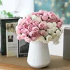 Flores decorativas 27 cabeças de seda artificial chá rosa buquê de flores casamento noiva segurando casa decoração de mesa artesanato falso floral