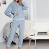 Zweiteilige Damen-Hosen, Damen-Hauskleidung, Anzug, Herbst und Winter, warm halten, Plüsch, einfarbig, langärmelig, Bluse, Hose, Pyjama-Set