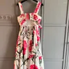 Casual Dresses Women Summer High Quality Bow Ruched Bodice Flounce Hem Back Cut-out Carnation Print Sweetheart Neck Midi Dress