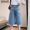 Shorts pour femme Jielur nouvelle femme jambes larges taille haute bleu genou longueur Denim Shorts décontracté femme coupe ample jean Vintage dames Bermuda ShortsC243128