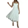 Casual Dresses Women's Summer Midi Hanging Strap Mesh White Dress Flower broderad italiensk nudel ärmlös skiktad fest