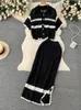 Korean Spring Summer Vacation Style Knitted Twi Piece Set Women Chic Hollow out Sweater Cardigan Long Maxi Skirt Sets 240313