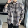 Men's Casual Shirts 2024 Arrival Classic Plaid Dress Spring Korean Fashion Stripes Clothes Luxury Long Sleeve Pockets