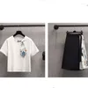 Рабочие платья Темпераментный костюм Женский летний однотонный топ с круглым вырезом и короткими рукавами с высокой талией, сращенная полуюбка, комплект из двух предметов