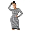 Casual Dresses Women Long Sleeves Dress Round Neck Houndstooth Printing Bodycon Midi Skirt Back Hollow-out Slim Fit