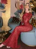 Casual Dresses Elegant Red Leopard Print Mesh Backless Sexy Evening Long Dress for Women 2024 LongSleeve Bandage Sheer Maxi