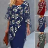 Robes décontractées robe de taille dame trajet élégant imprimé floral en mousseline de soie midi pour les femmes style de gaine avec demi-manches ronde formelle