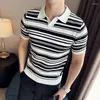 Heren Truien Casual Gestreept Korte Mouw Top Stretch Gebreid T-shirt Slim Fit Retro Revers Trui Poloshirt Mode 2024