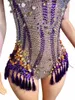 Stage Wear Sparkly Rhinestones Sequins Tassels V Neck Bodysuit Women Sexy Performance Dance Costume Nightclub Singer Dancer Poshoot