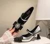 Black Genuine Designer Pumps Rhinestone Buckle Chunky Heels Shoes Square Toes Women Wedding Sexy Party Leather Sole with 9975